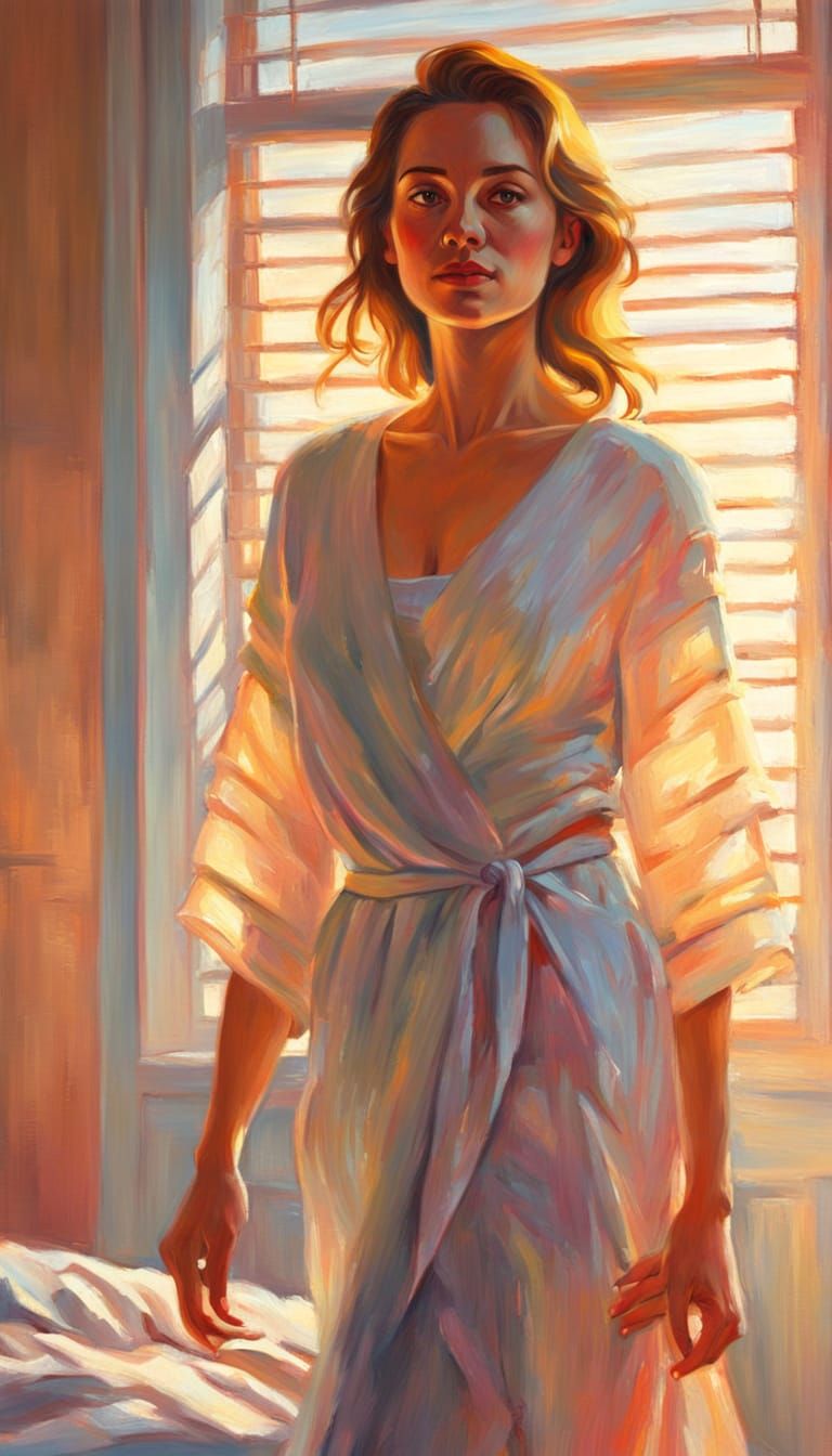 Impressionist Oil Painting of Woman in Bedroom