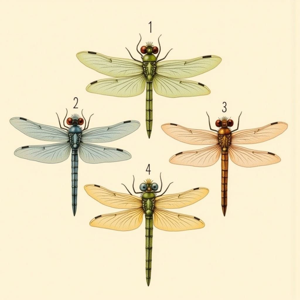 Surreal Pencil Sketch of Vintage Dragonflies in Scientific I...