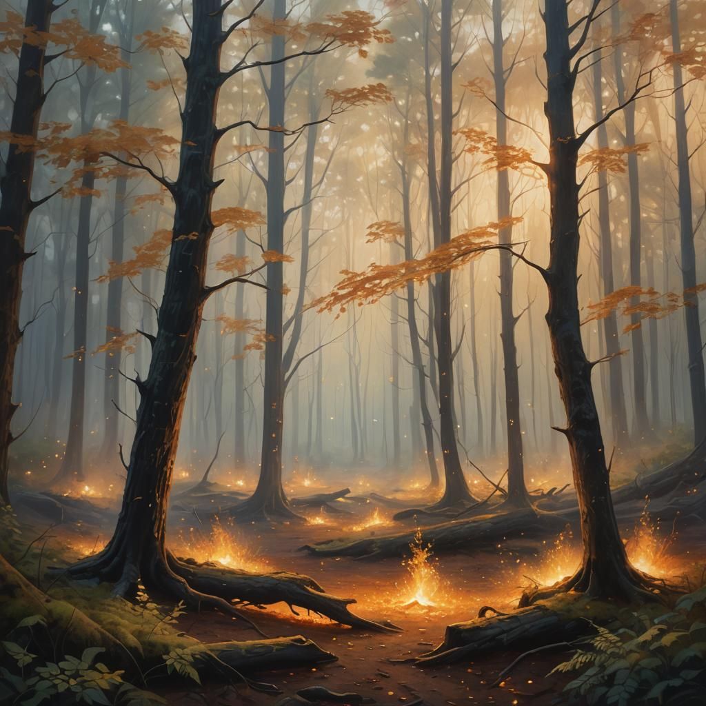 Ethereal Forest Scene with Glowing Embers