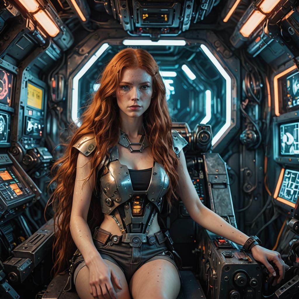 Redhead in Cyberpunk Mecha Cockpit Photo