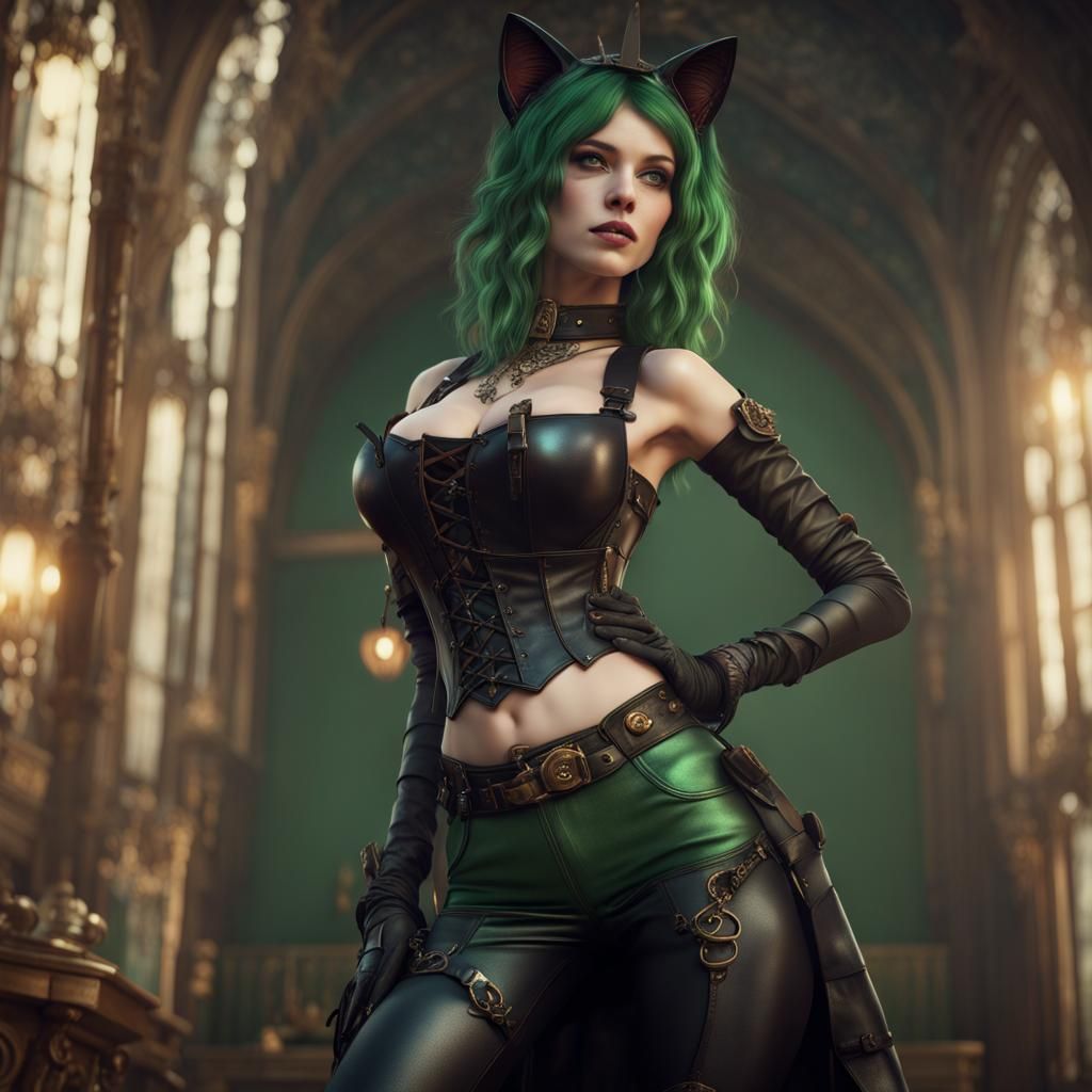 Gothic Steampunk Catgirl in Victorian Fantasy Style