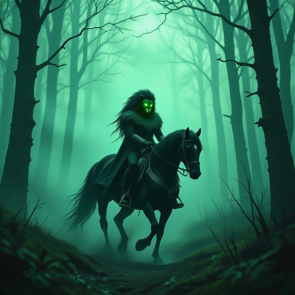 Headless Rider in Lion Costume on Horseback