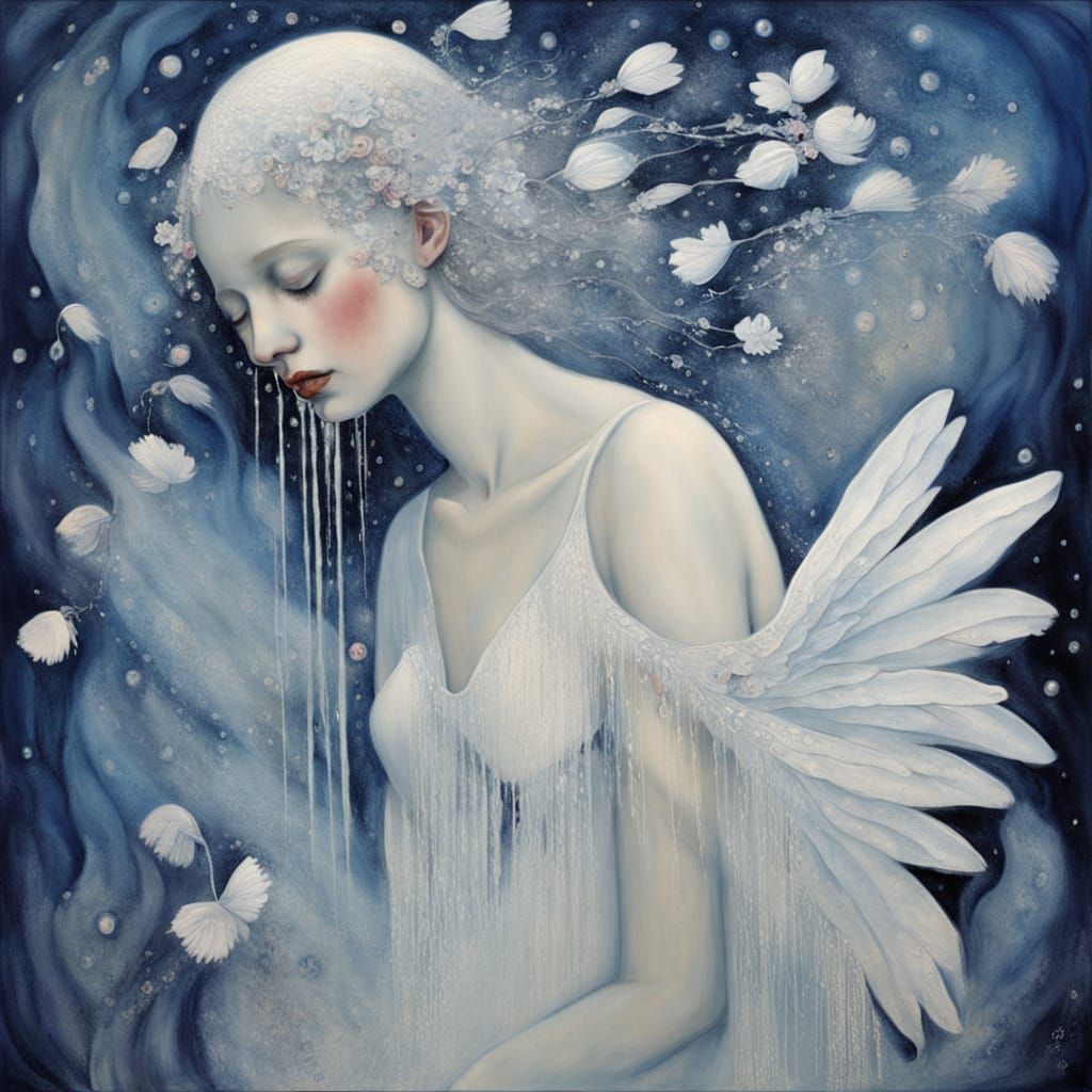 Sad Angel Crying with Blue Flowers