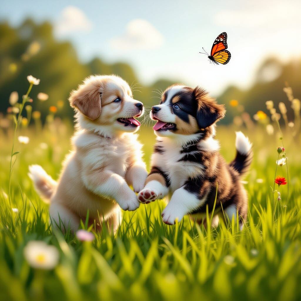 Hyperrealistic Puppy Chasing Rainbow Butterfly in Grassy Fie...