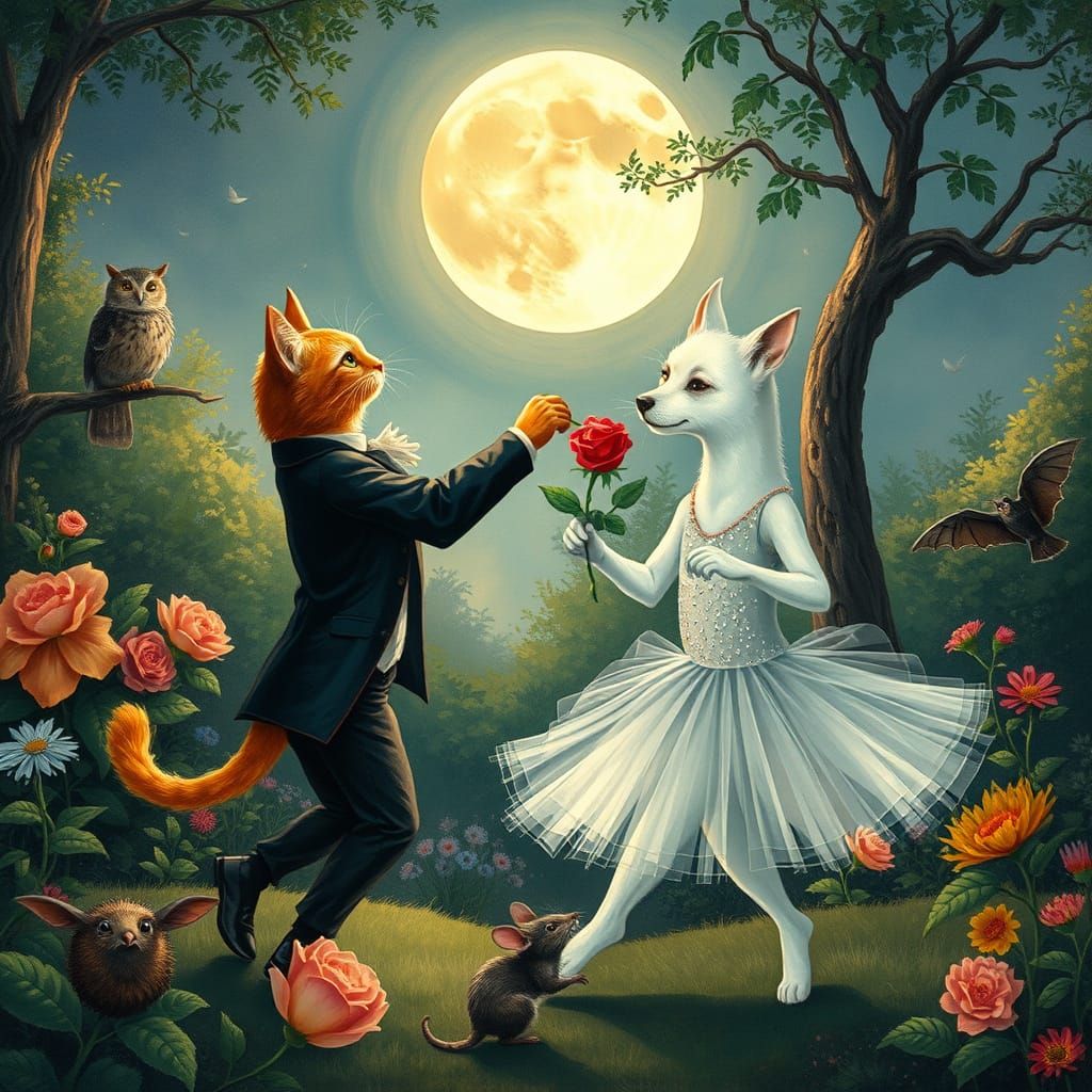Whimsical Tango of Feline and Canine under Full Moon