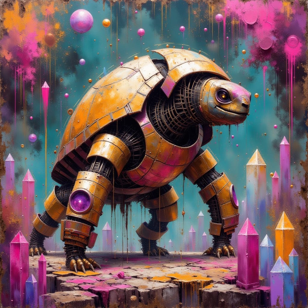 Robotic Tortoise in Surreal Dystopian Landscape