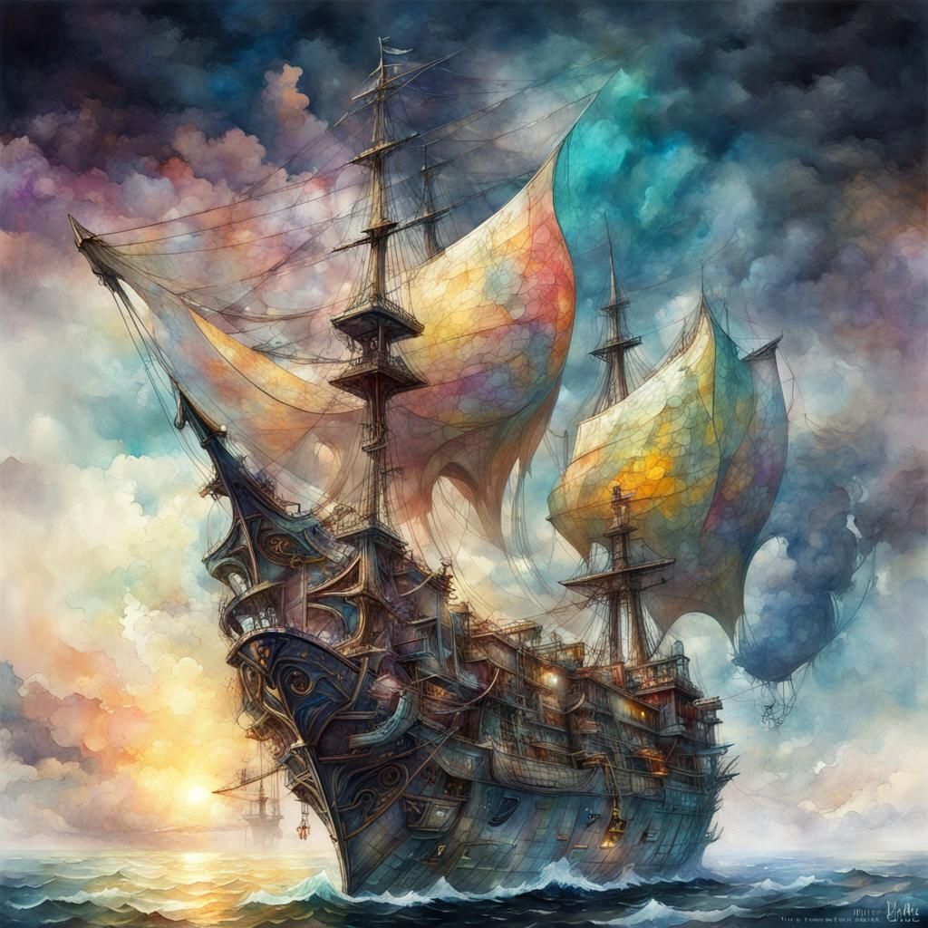 Fantasy Wizard Ship in Watercolor Art Style