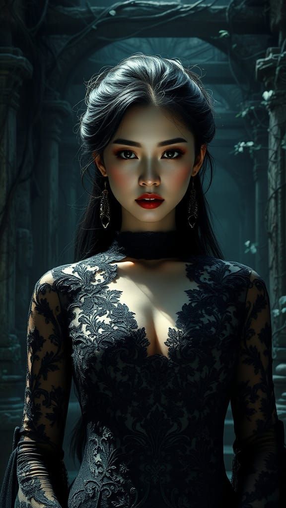 Regal Asian Woman Amidst Ancient Vine-Entwined Ruins in Dark...