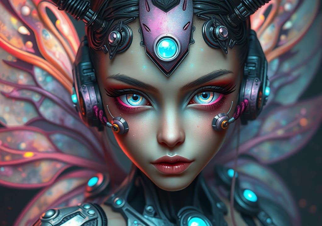 Mystical Cyborg Pixie with Iridescent Wings