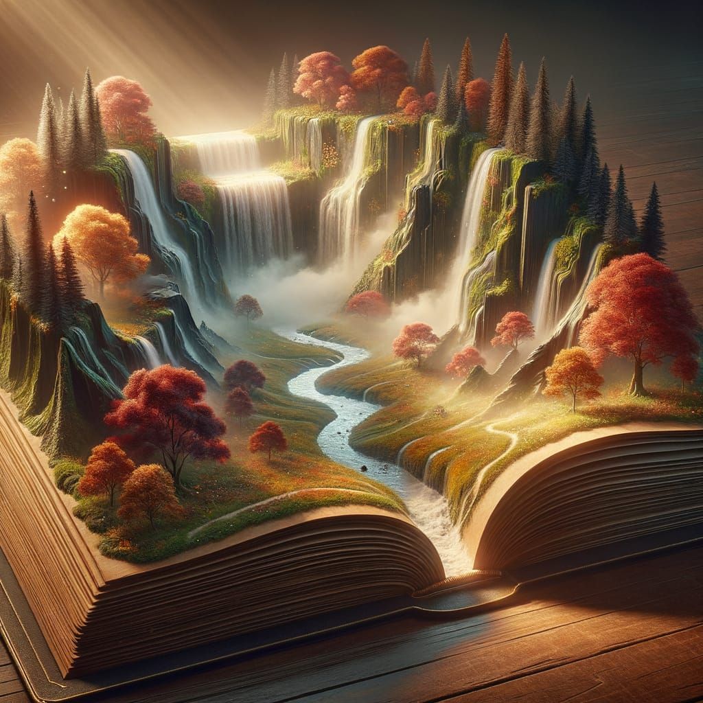 Magical Autumn River Valley Diorama Emerging From Ancient Bo...