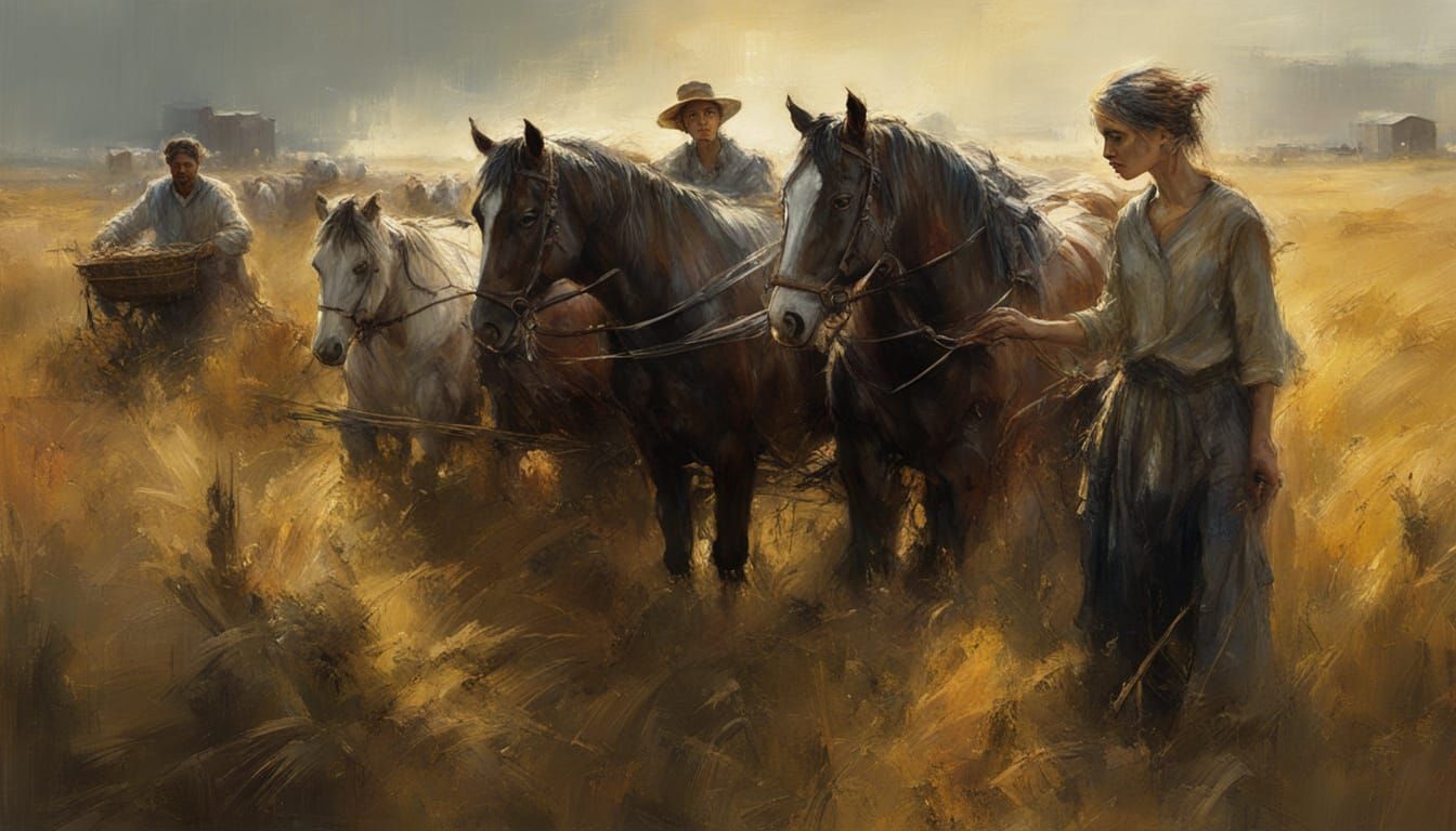 Rustic Family Harvest Scene with Horses