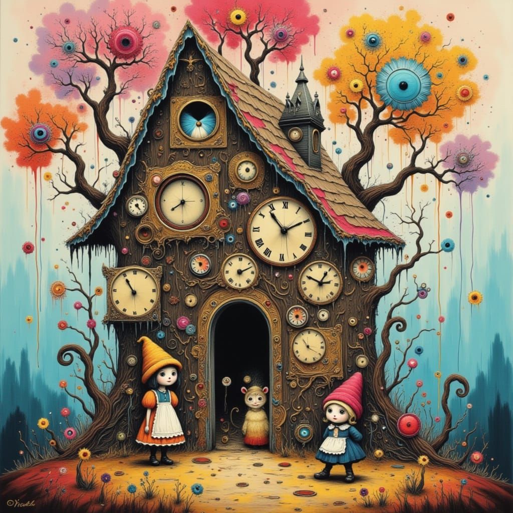 Hansel and Gretel in Surreal Woods with Clock Trees