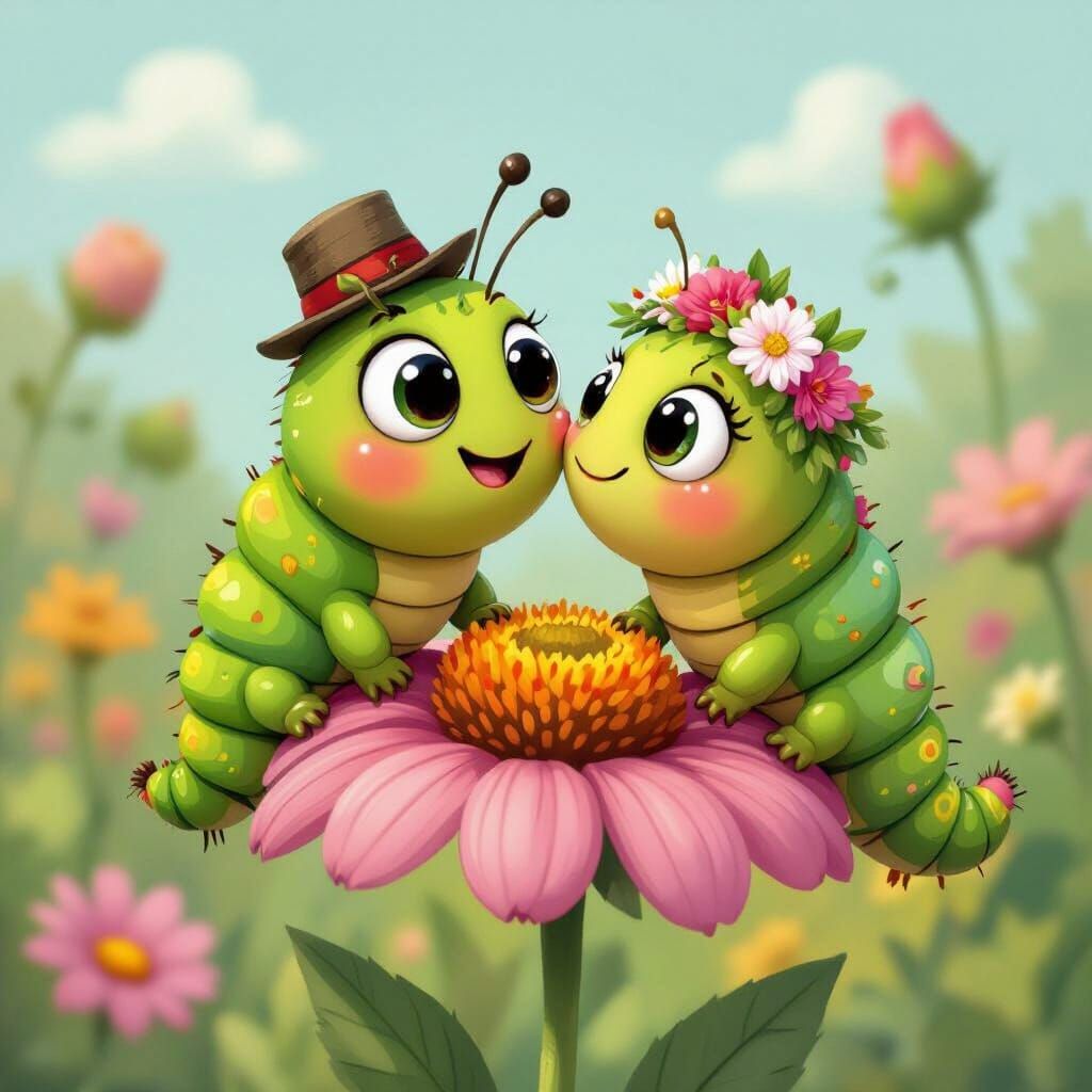 Cartoon Caterpillars Kissing on a Blooming Flower