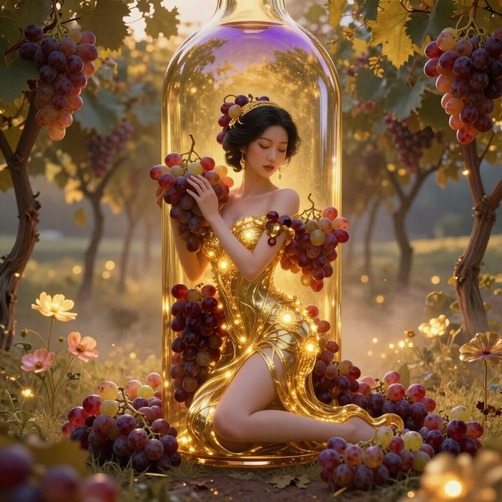 Asian Wine Goddess in Golden Bottle, Fantasy Vineyard