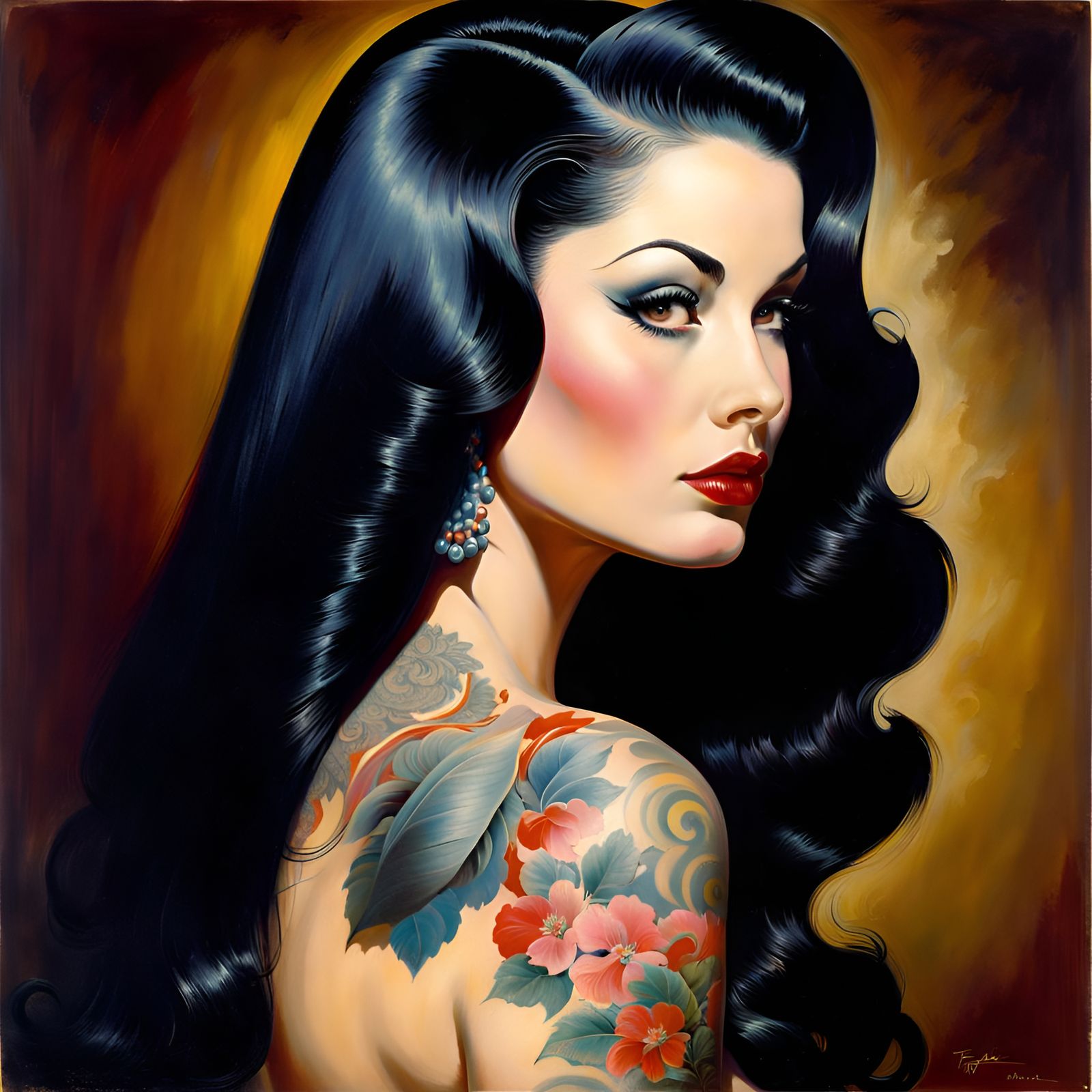 Tattooed Woman Portrait in Pin-Up Style