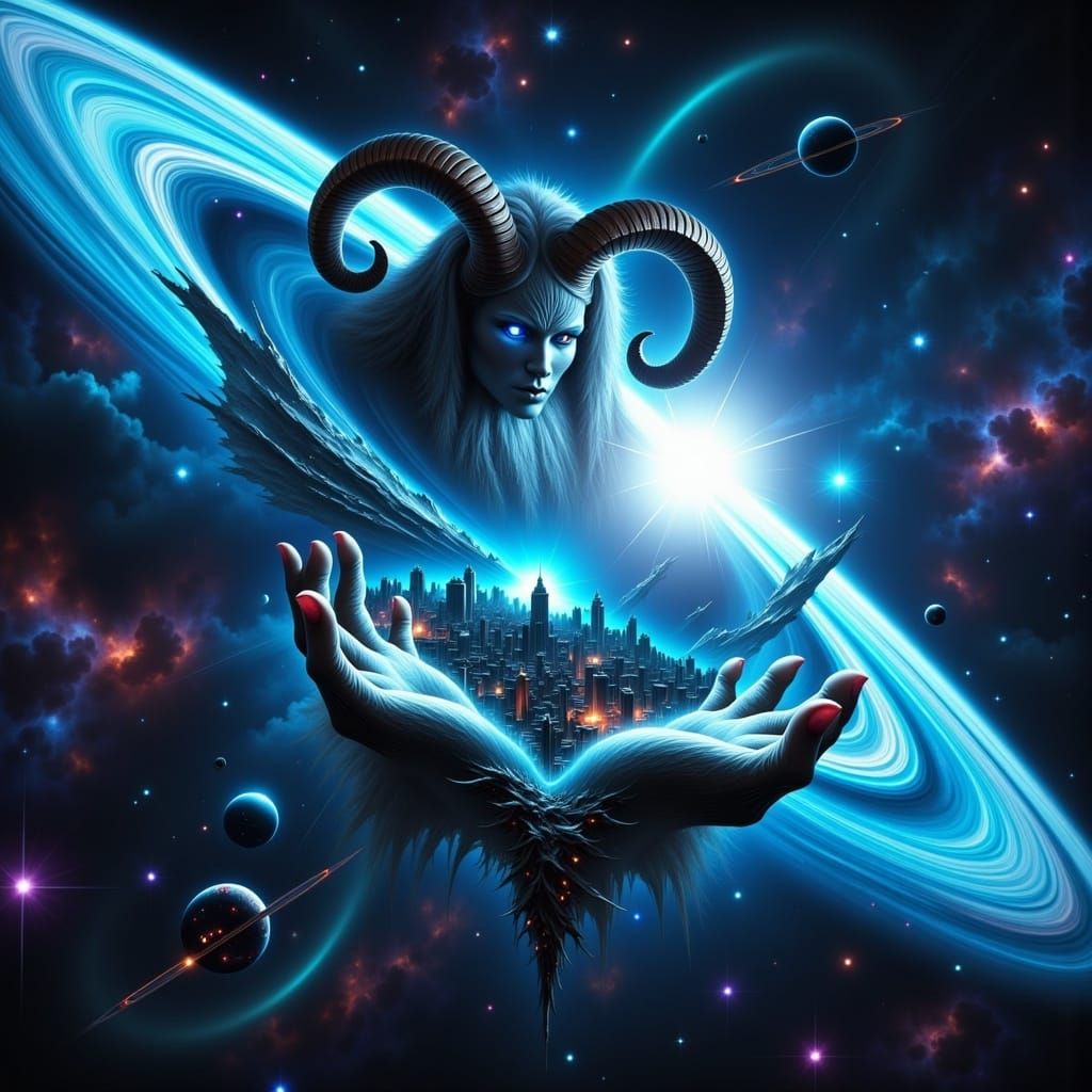 Cosmic Collision: Ringed Planet and Holographic Entity