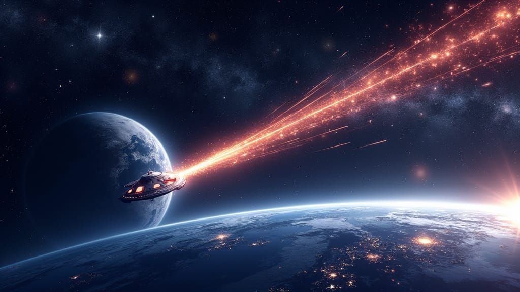 Anime Space Battle: Earth, UFO, and Meteor Shower