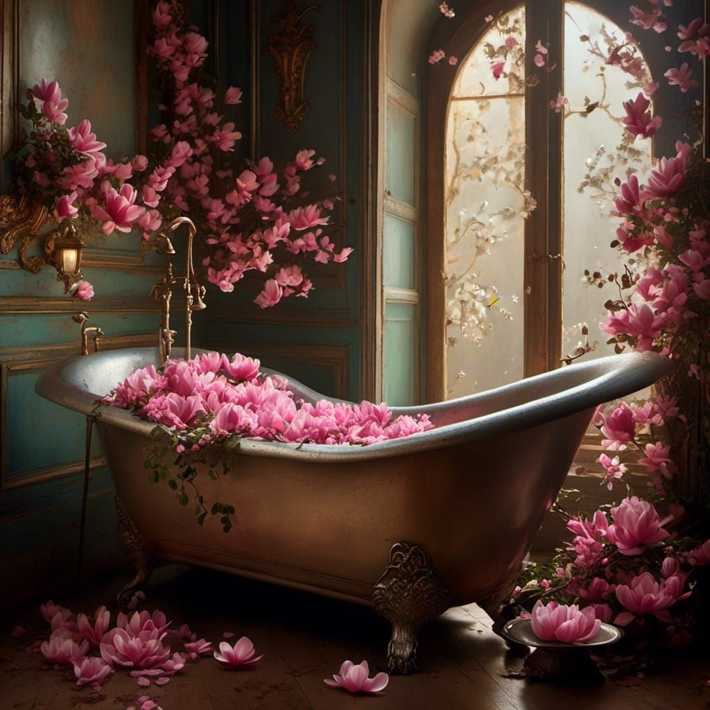 Magnolia Blossoms in Candlelit Claw Foot Tub