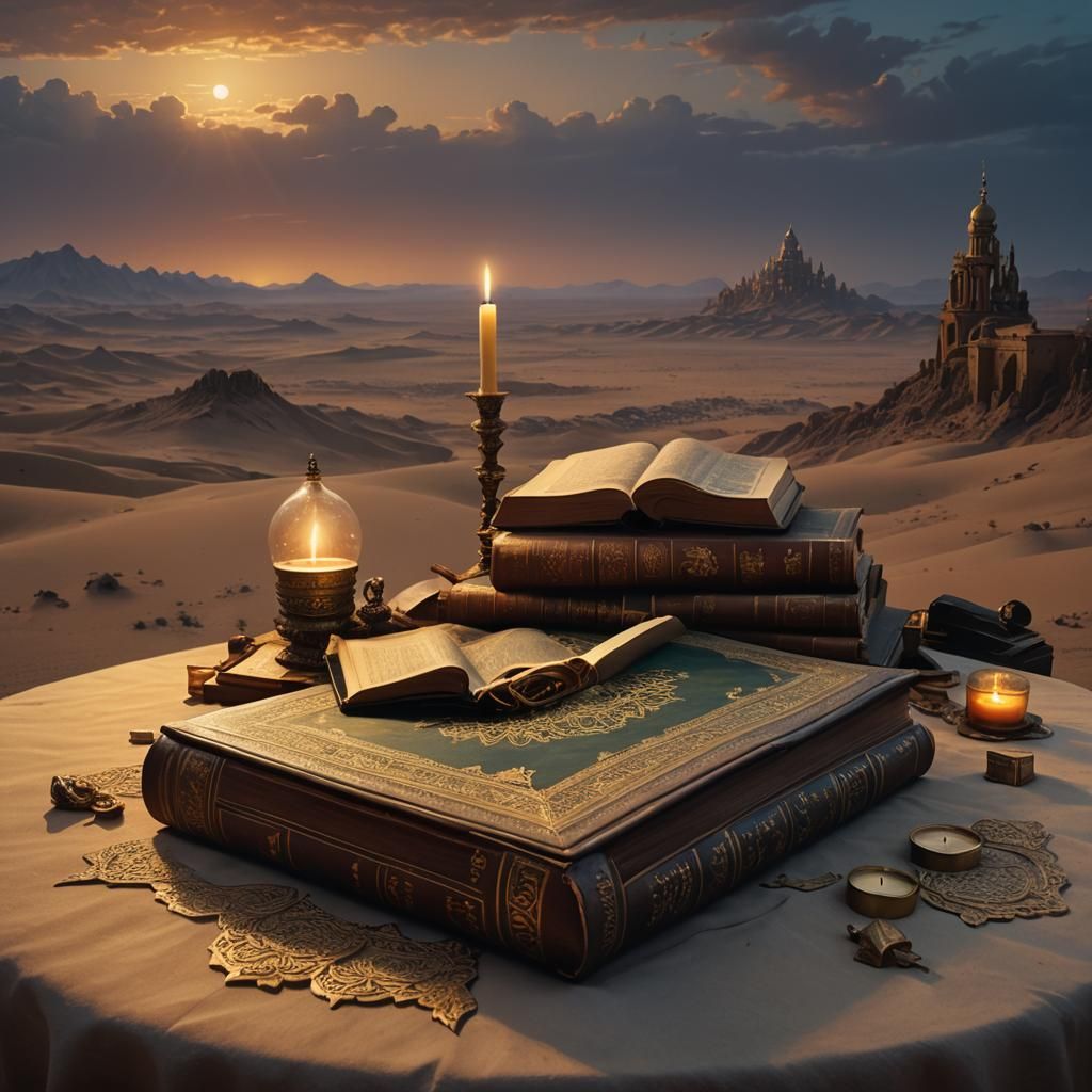 Quran and Candles in Desert Landscape
