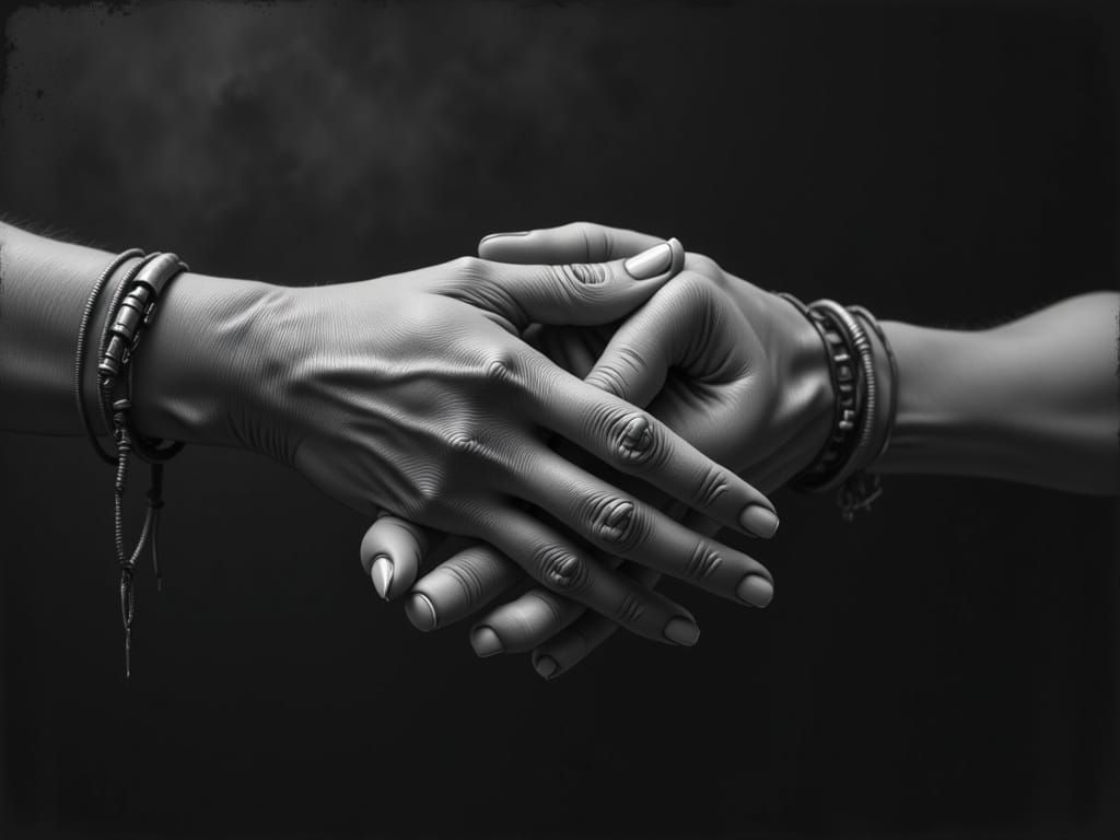 Intertwined Hands in Darkened Ominous Landscape