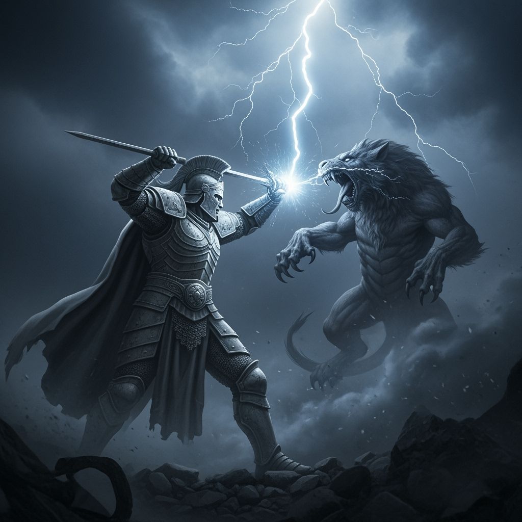Stone Warrior Battles Storm Beast in Cinematic Style