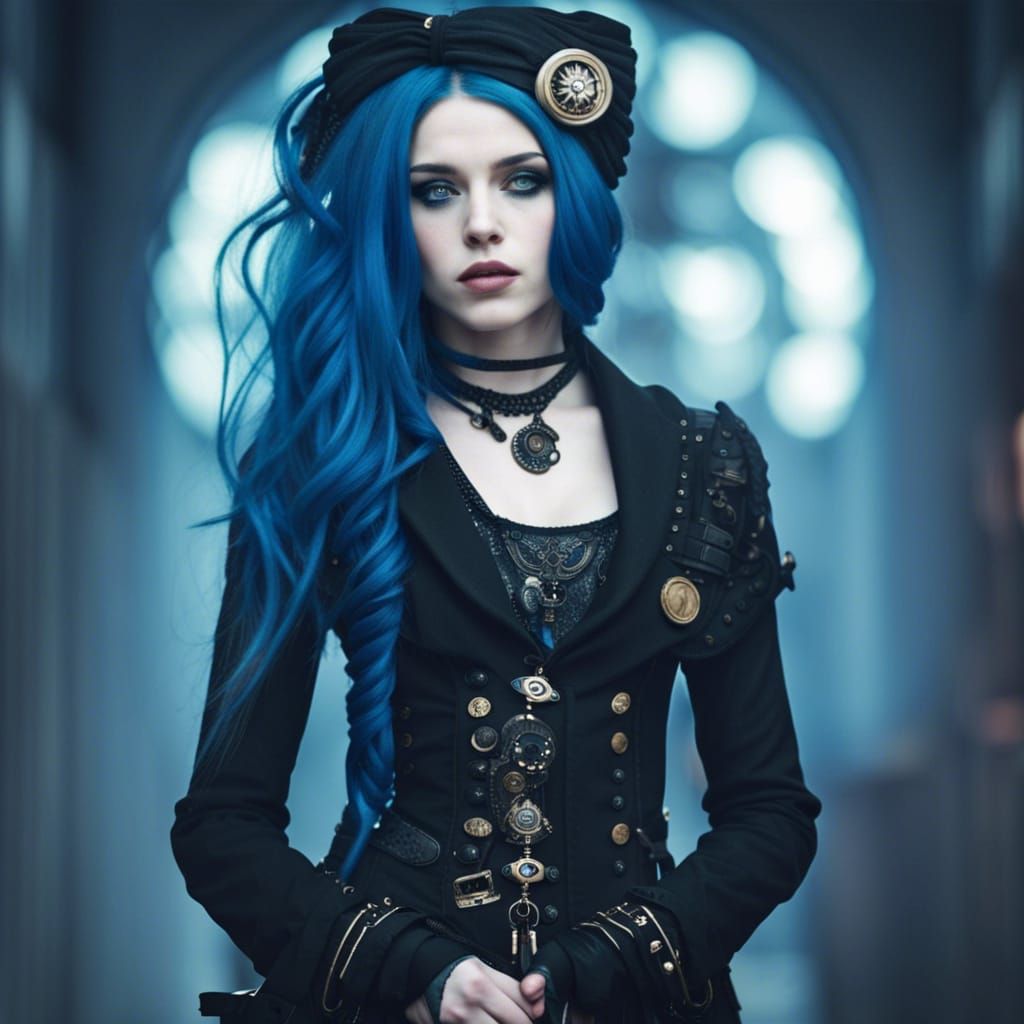 Enchanting Steampunk Girl with Blue Hair