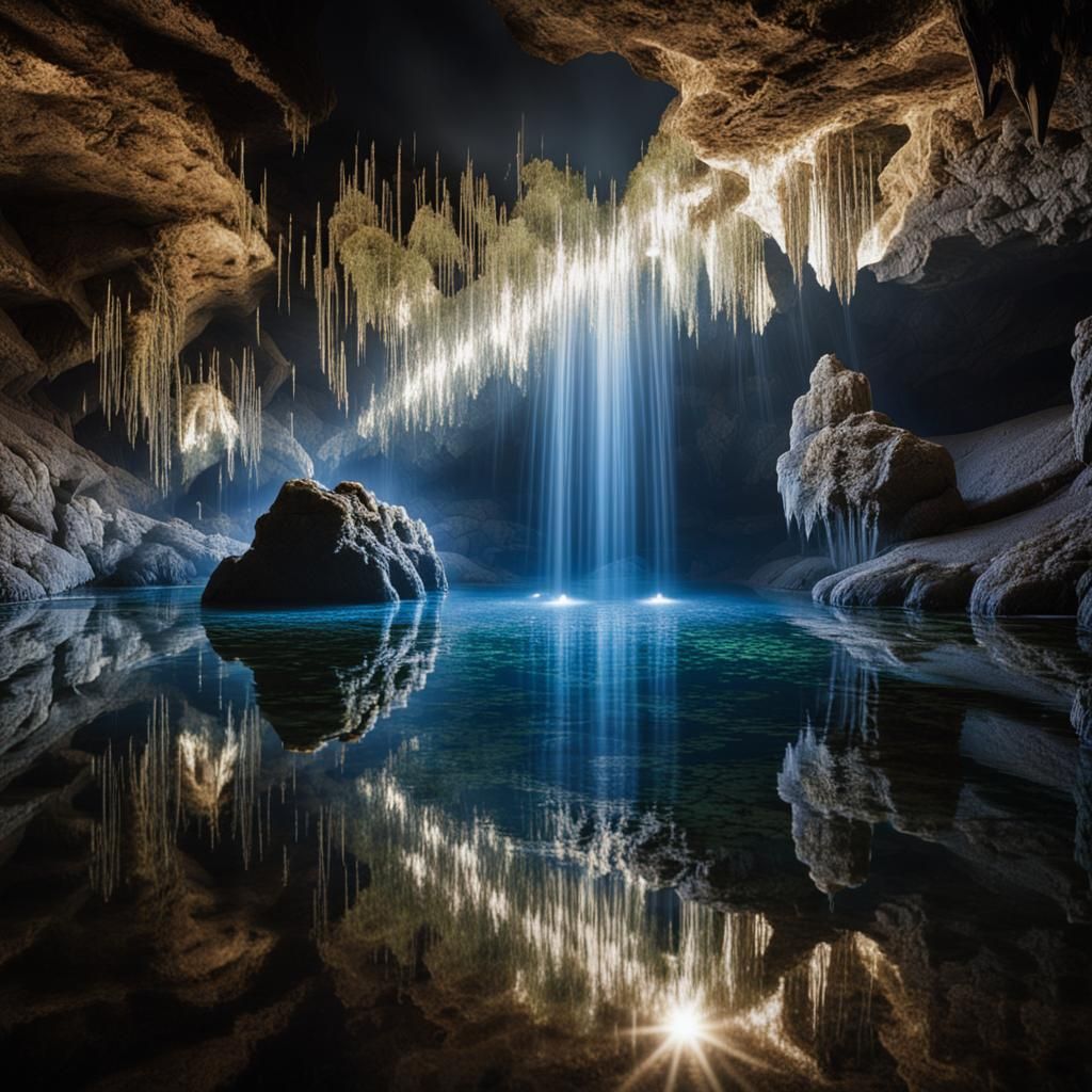 Sparkling Crystal Cave Reflecting Pool in Light Beam