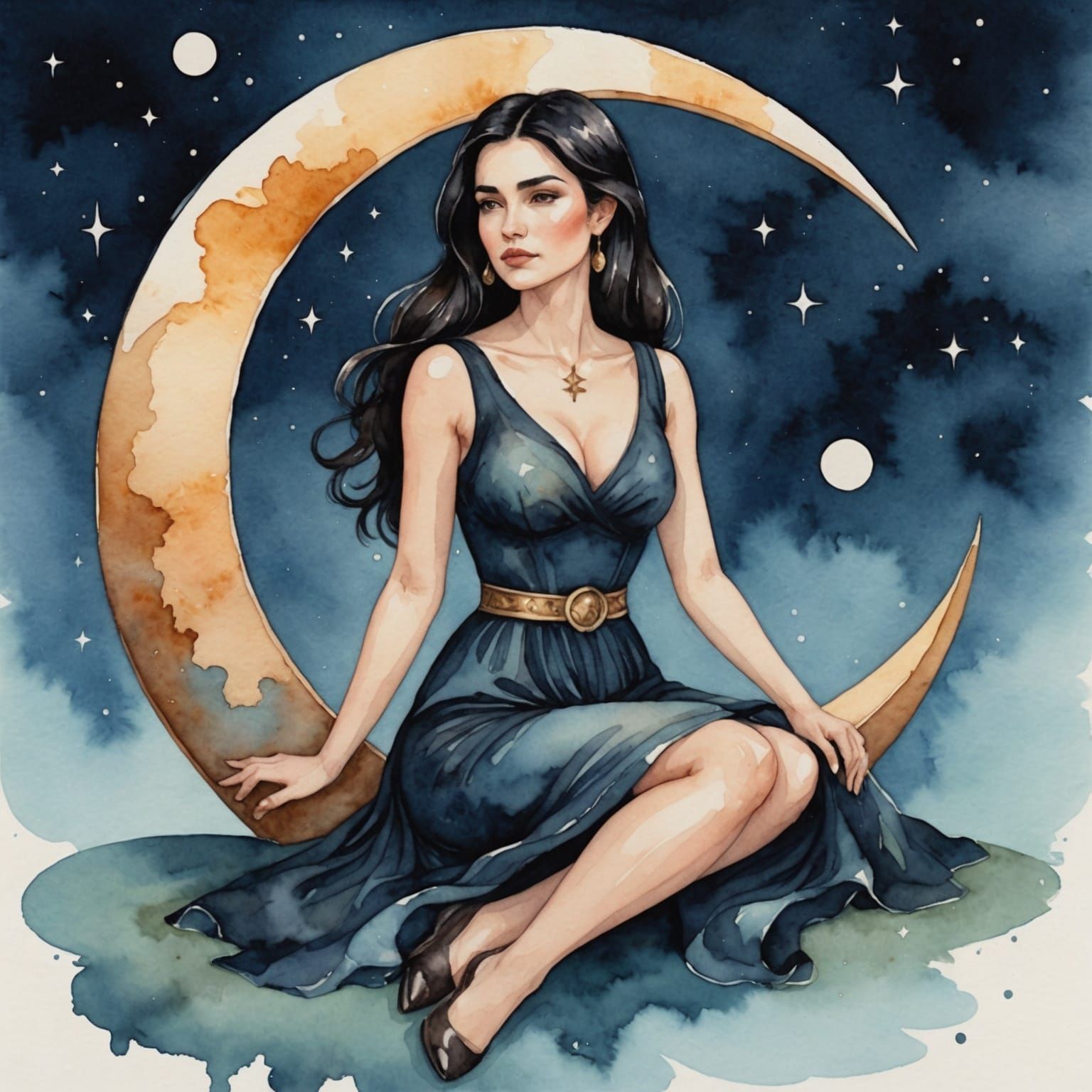 Woman on Crescent Moon in Watercolor Style
