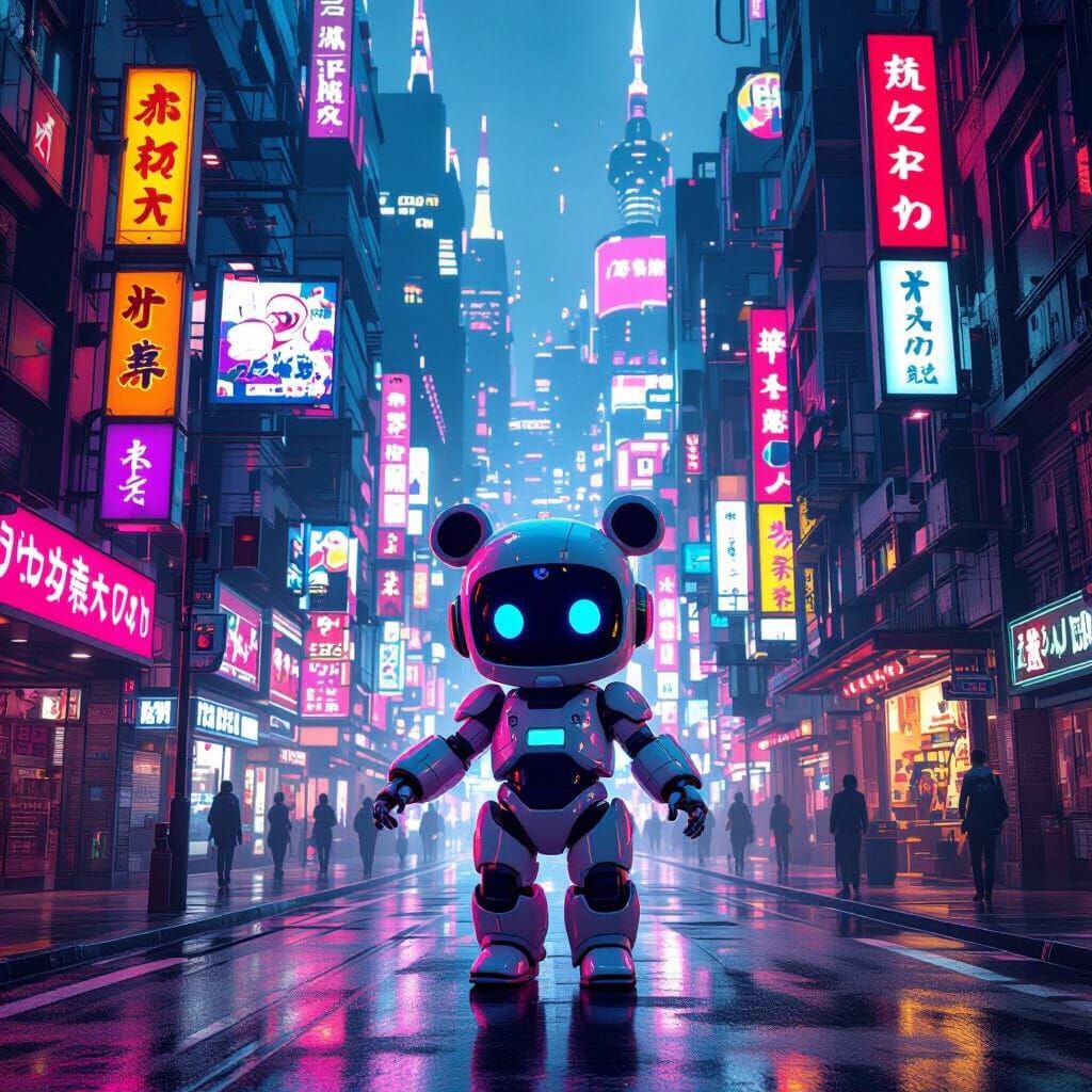 Cyberpunk City Street with Whimsical 3D Avatar
