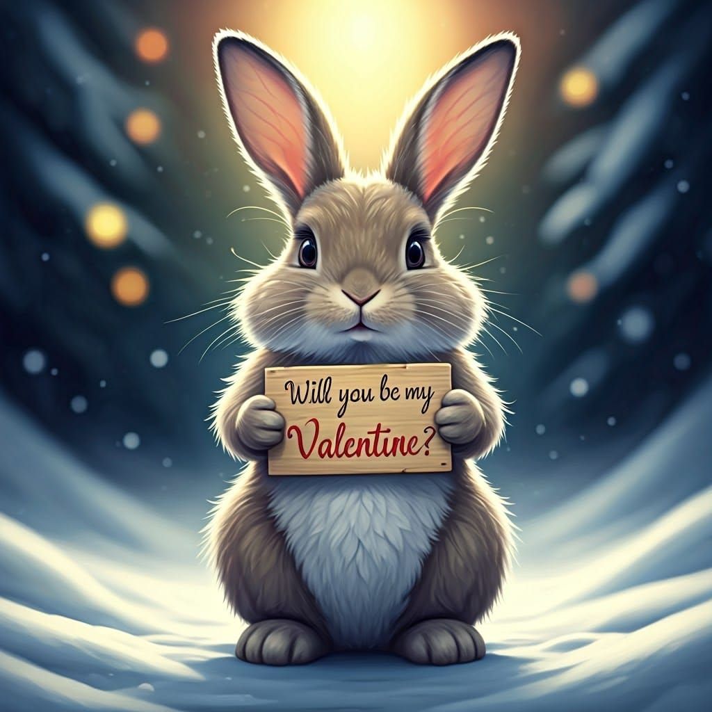 Cute Bunny Asks for Valentine in Snowy Forest