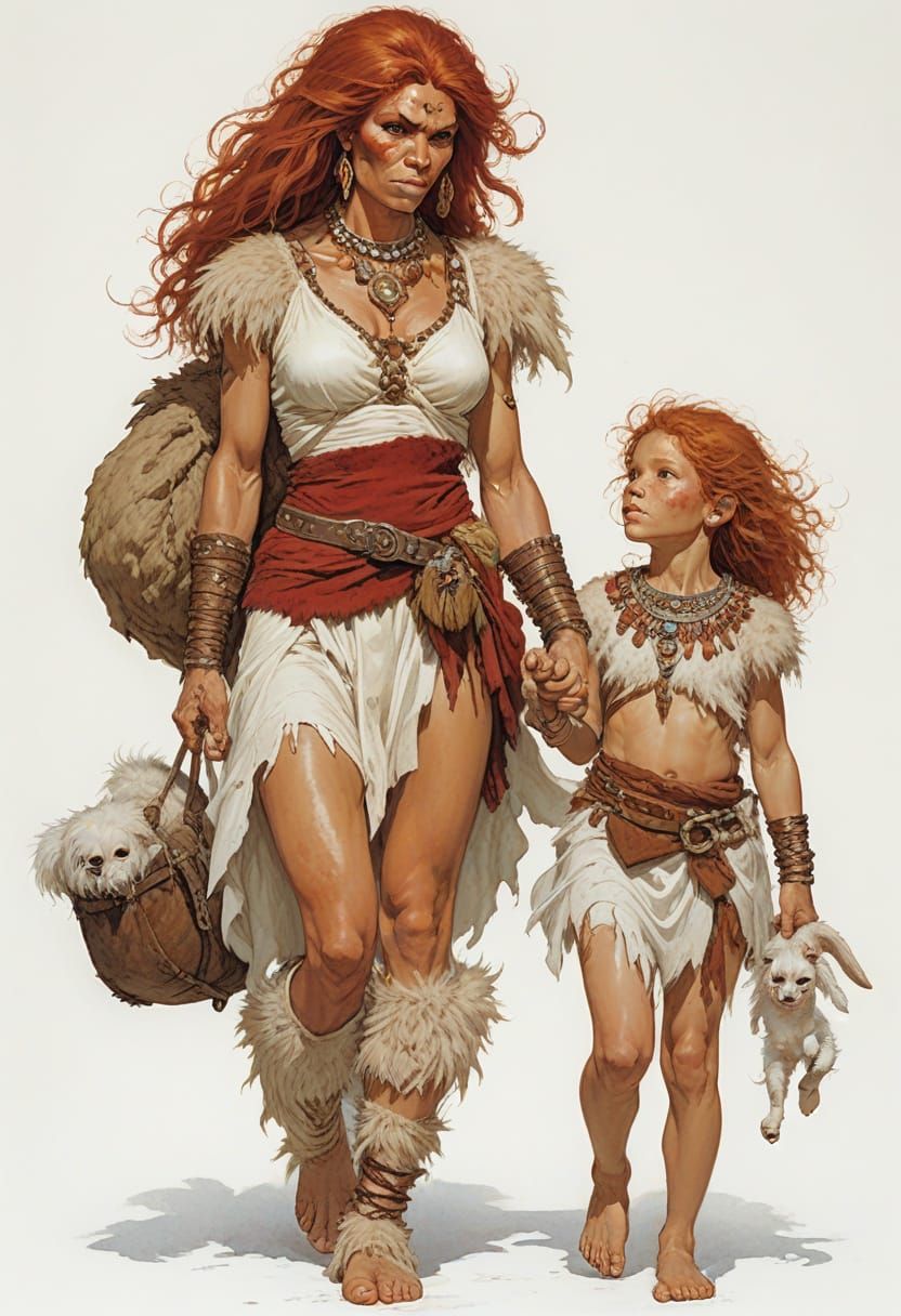 Neanderthal Mother and Child in Heroic Fantasy Style