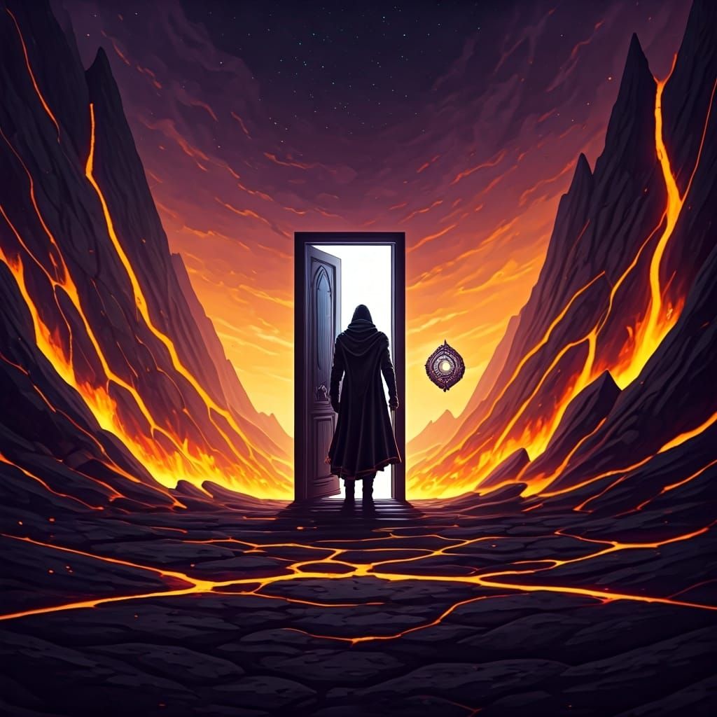 Fantasy Portal with Cloaked Figure in Comic Style