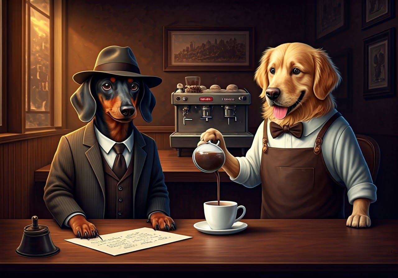 Golden Retriever Barista in a Cozy Coffee House