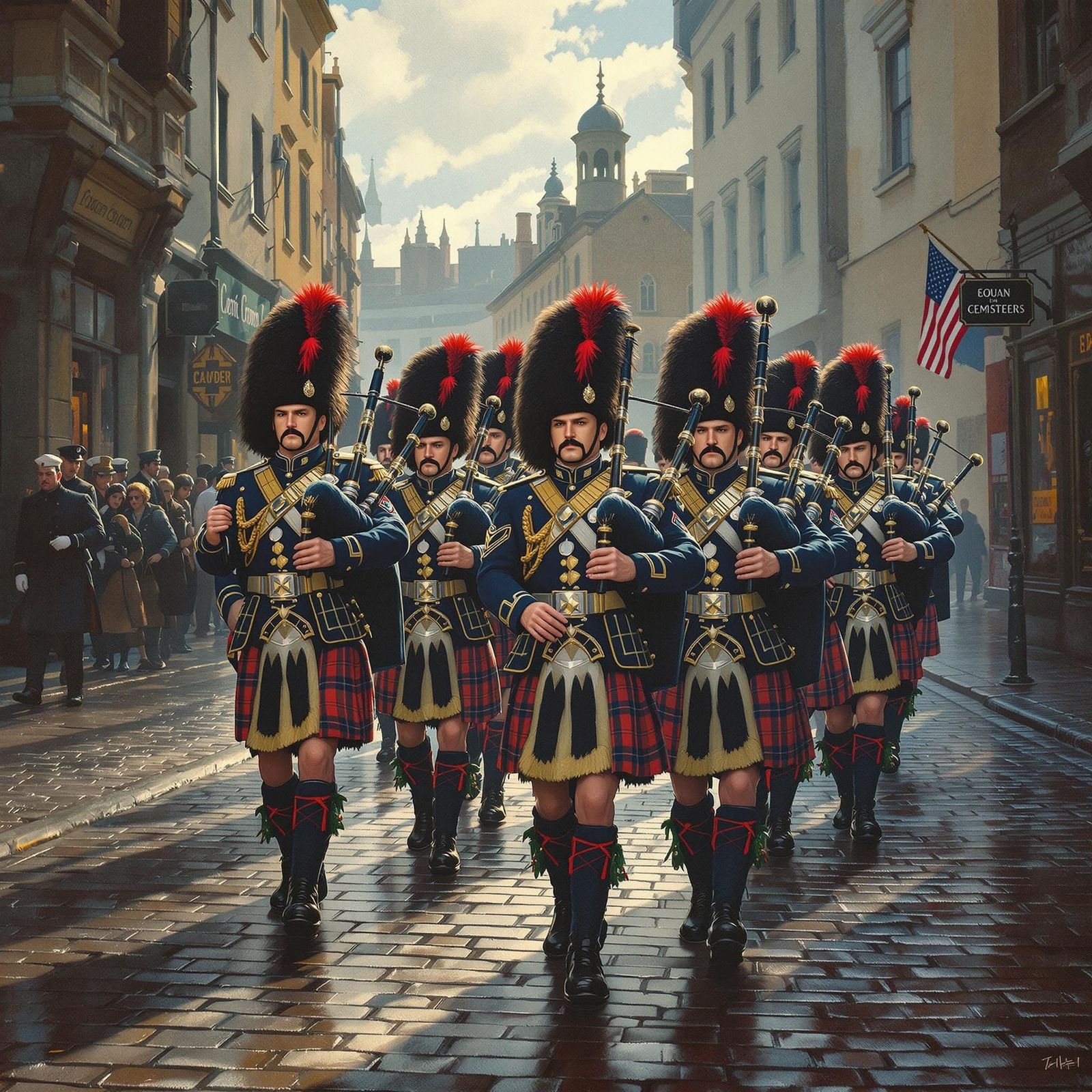Bagpipe Band in Tartan Kilts Marching Down Cobblestone Stree...