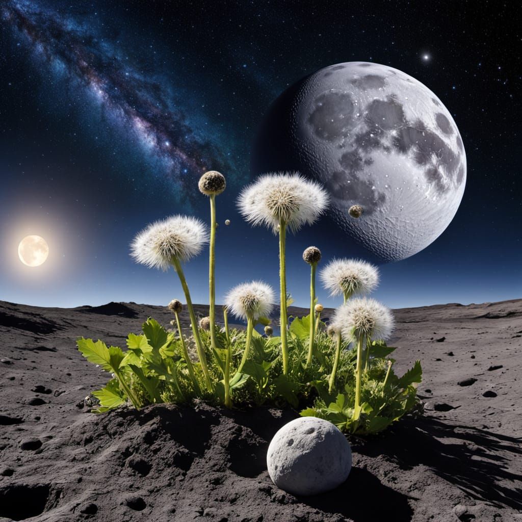 Dandelions Growing on the Moon: A Realistic Photograph