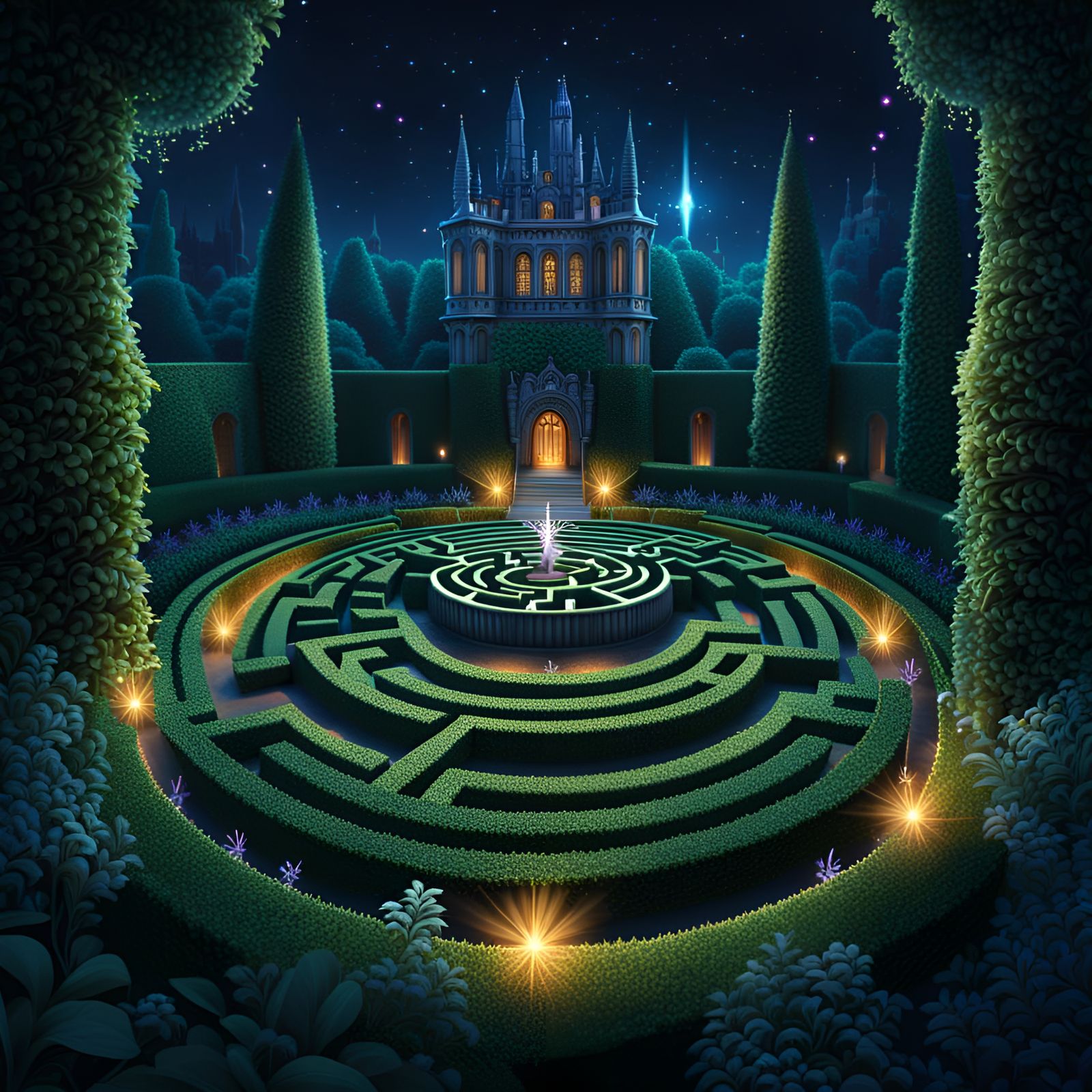 Fantasy Hedge Maze at Night with Cosmic Stars
