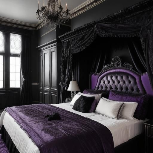 Gothic Gargoyle in Master Bedroom with Black and Purple