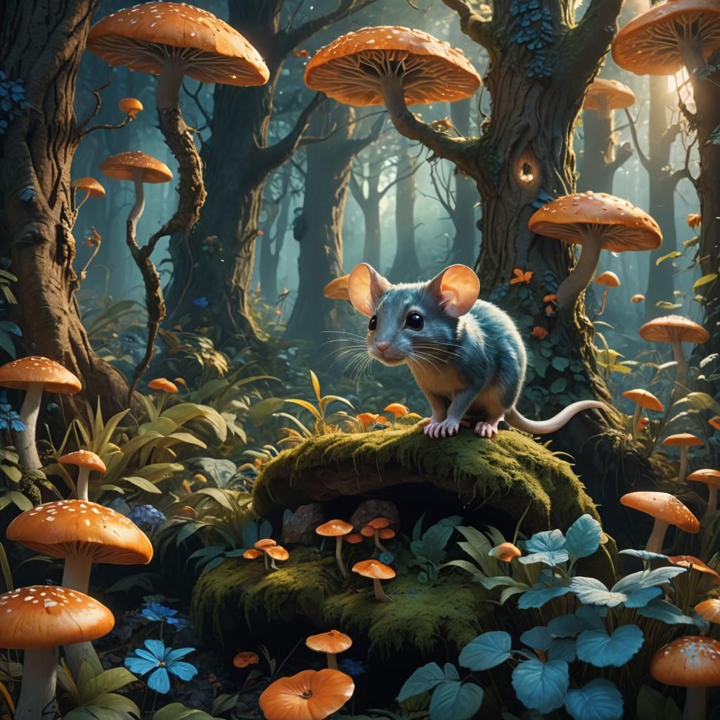 Mouse and Cat in Mystical Forest, Fantasy Art