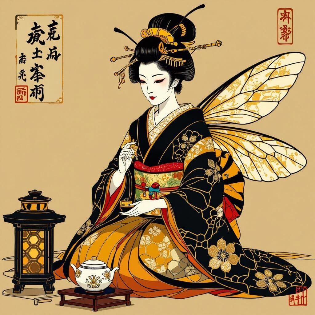 Humanoid Bee Noble in Feudal Japan Tea Ceremony