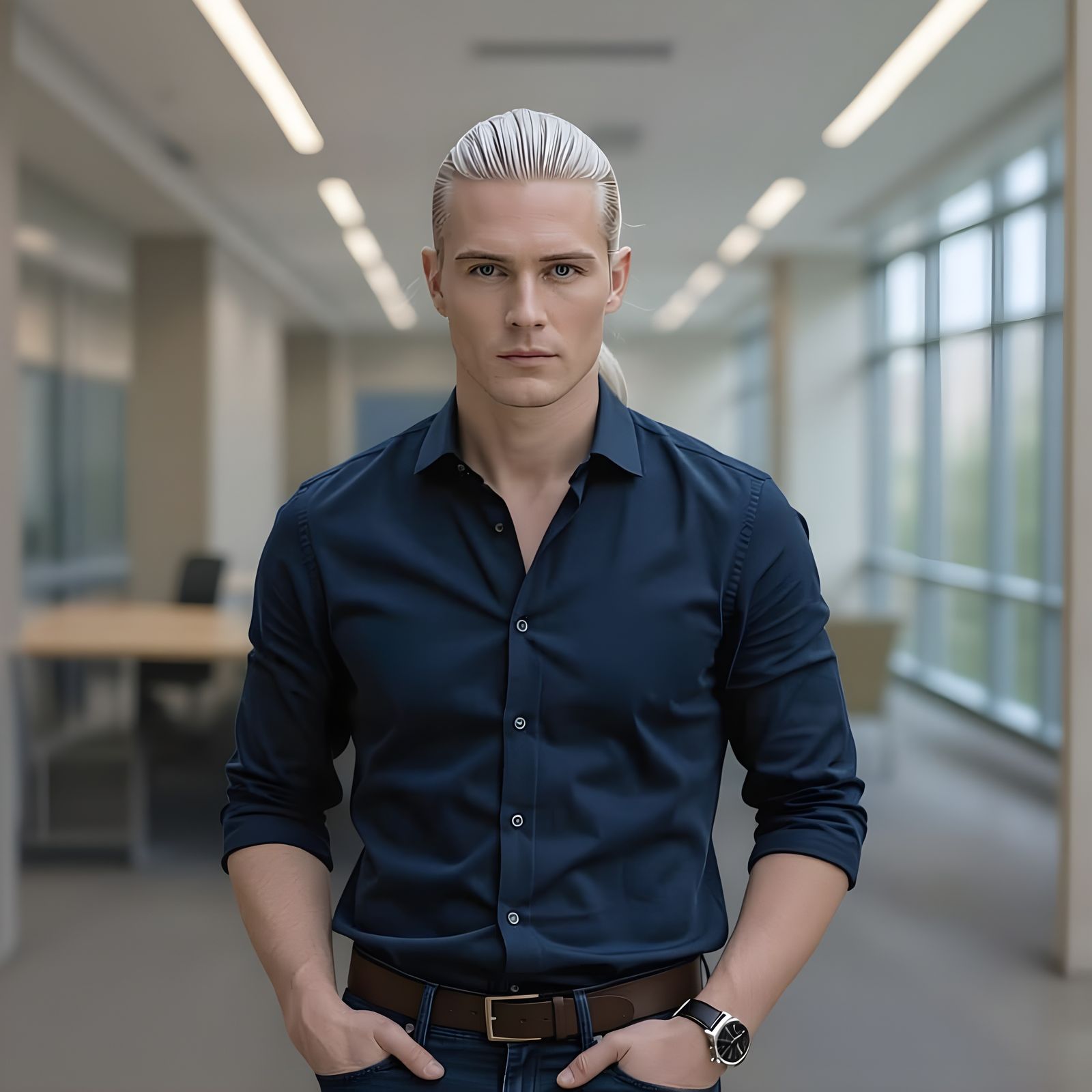 Intense British Man Portrait with Platinum Blond Hair