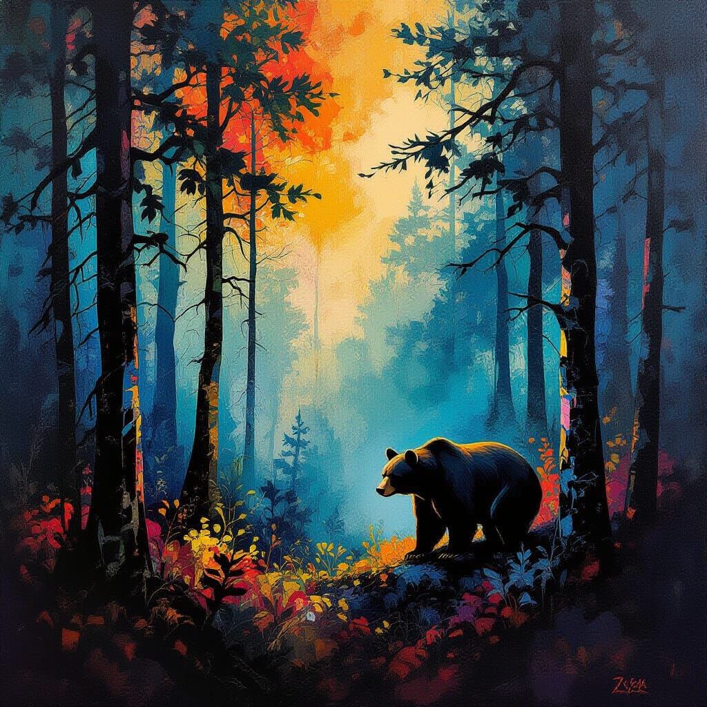 Ominous Forest: Unseen Bear in Abstract Expressionism