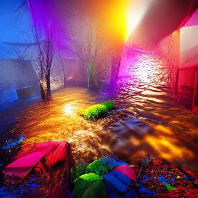 Colorful Flood Scene with Volumetric Lighting