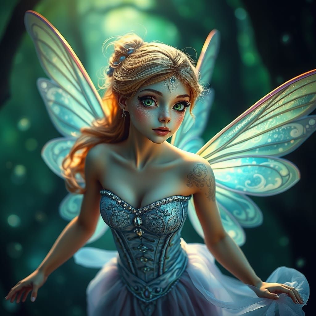 Iridescent Fairy in Emerald Forest, Photorealistic Portrait