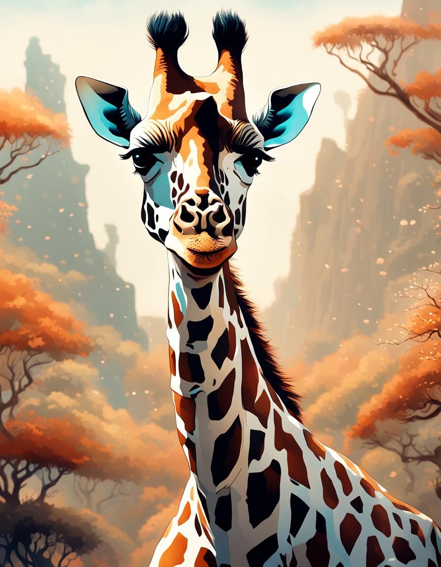 Cute Giraffe with Opulent Eyes in Detailed 2D