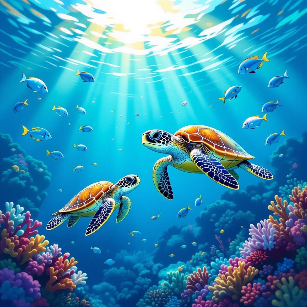 Baby Sea Turtle With Mother in Vibrant Coral Reef