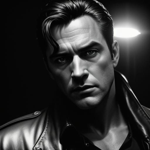 Actor in Iconic Film Noir Pose Under Spotlight