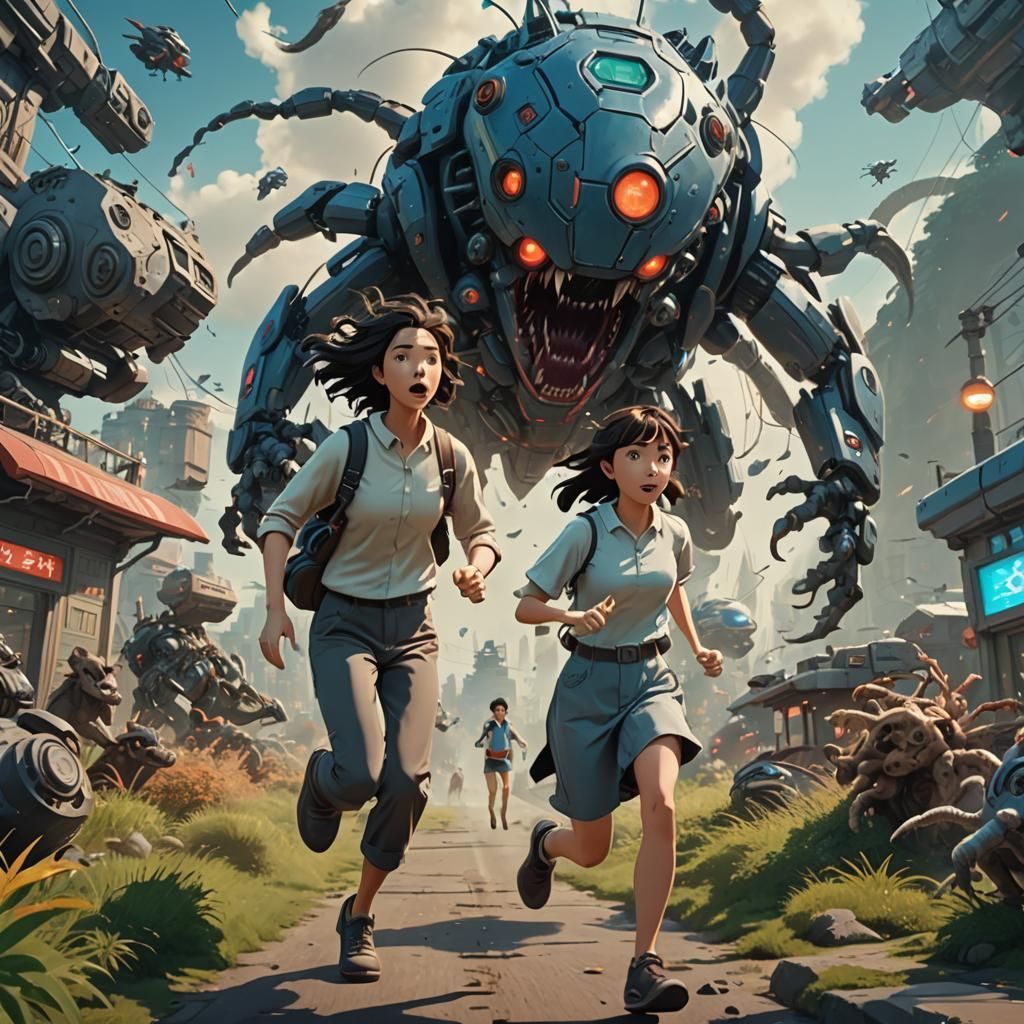 Couple Running from Futuristic Creatures in Animated Style