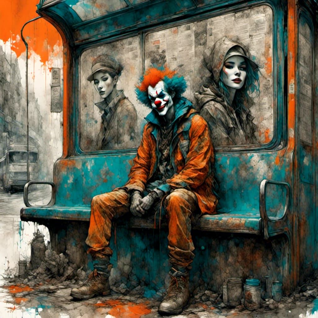 Clown Waiting at Bus Stop in Digital Art Style