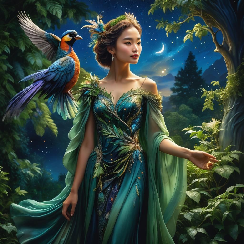 Ethereal Woman with Bird in Fantasy Landscape