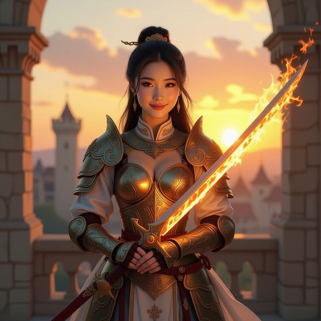 Serene Woman with Fire Sword in Art Nouveau Style